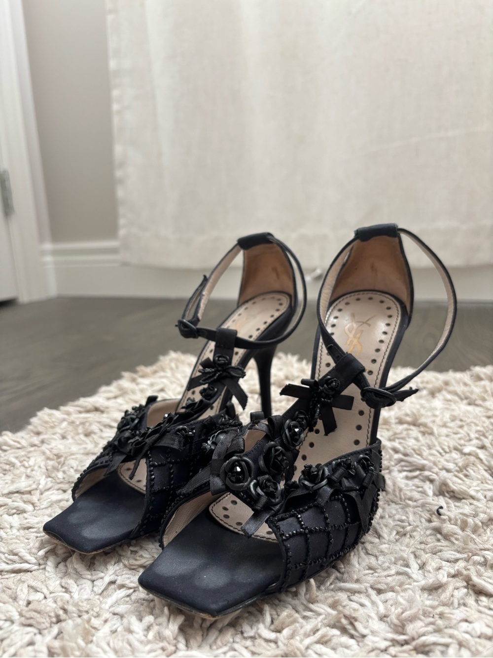 Yves Saint Laurent Black Embellished Ankle-Strap Heels